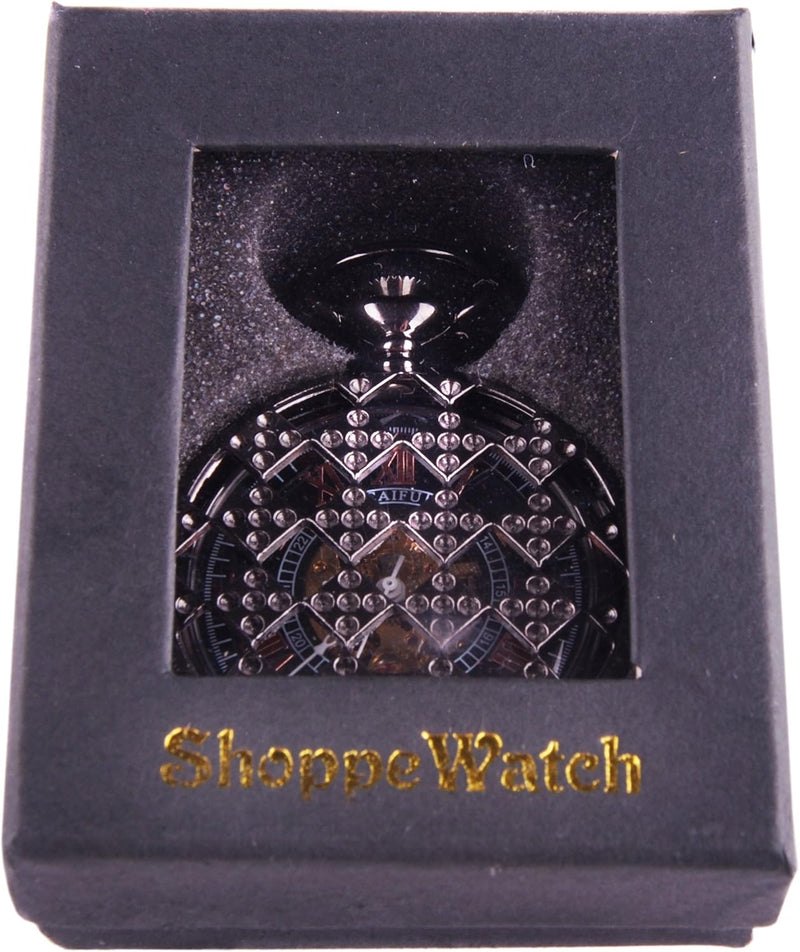 ShoppeWatch Schwarz Taschenuhr Steampunk Skeleton Mechanisches Uhrwerk Hand Wind Römischen Ziffern C