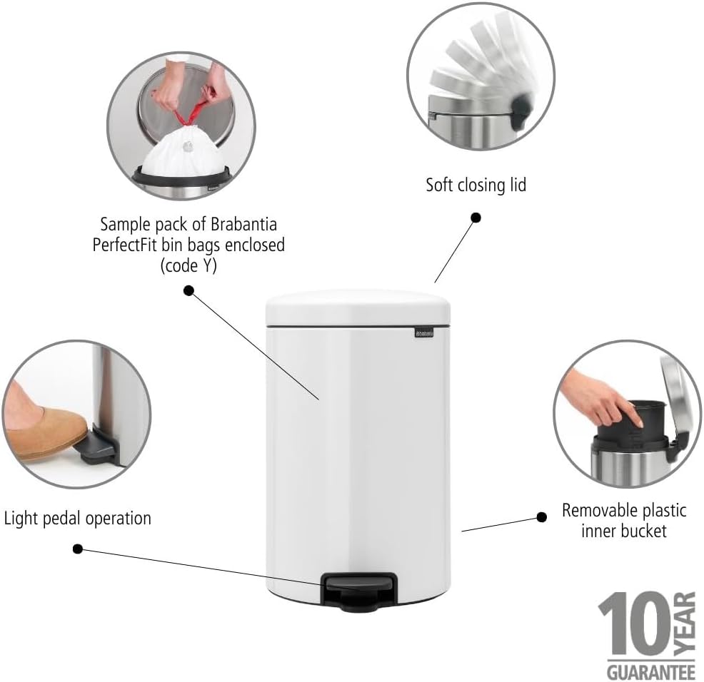 Brabantia Treteimer mit Inneneimer aus Kunststoff, Stahl, Braun, Weiss, 20L