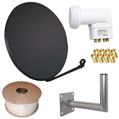 HD Sat Anlage 80cm Spiegel + Quad LNB für 4 Teilnehmer + 50m Kabel + 40cm Wandhalter Anthrazit, Anth