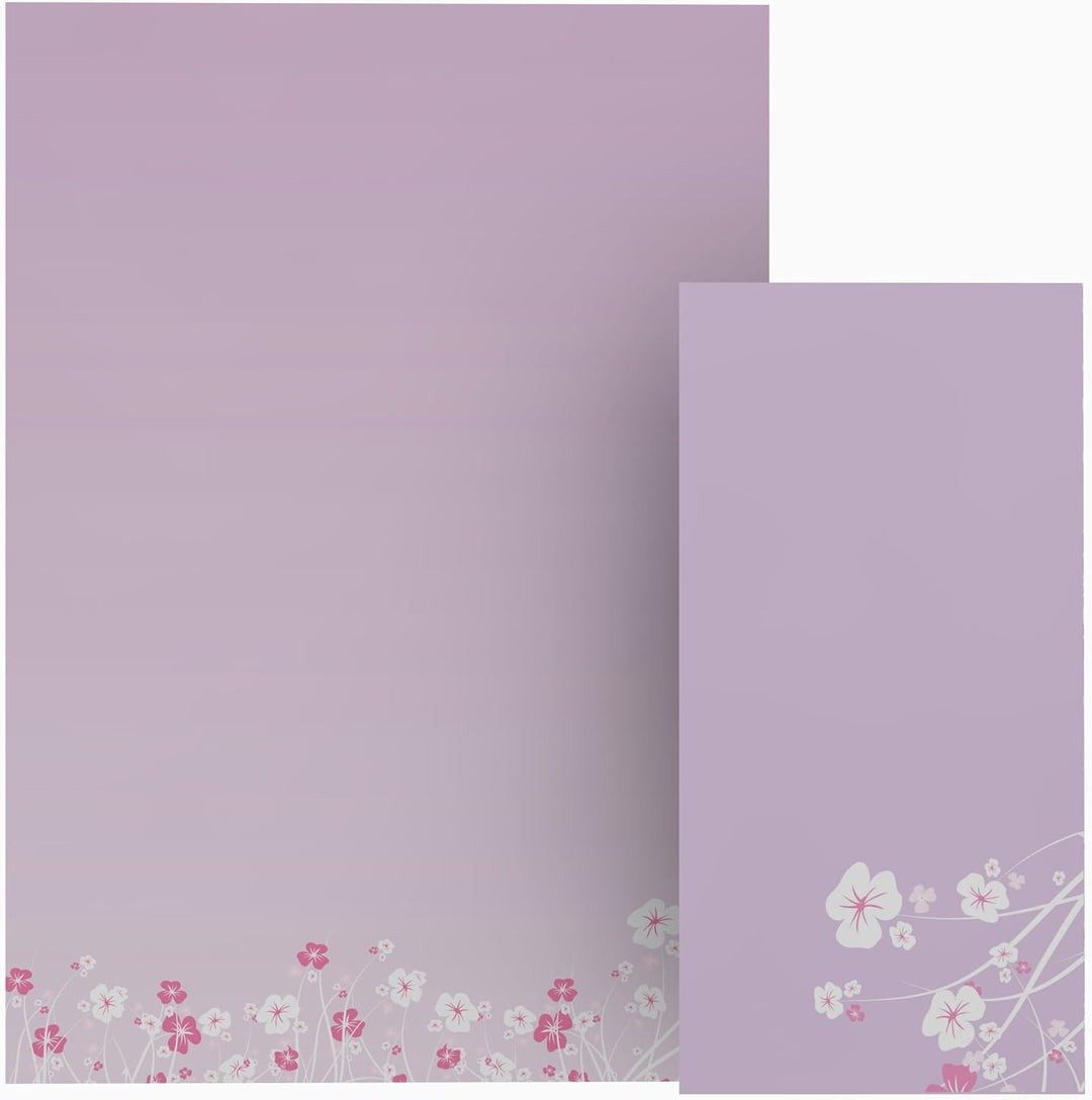 Briefpapier-Set 100-tlg. "Blumenranken LILA", 50 Blatt Motivpapier A4 und 50 passende Umschläge DIN