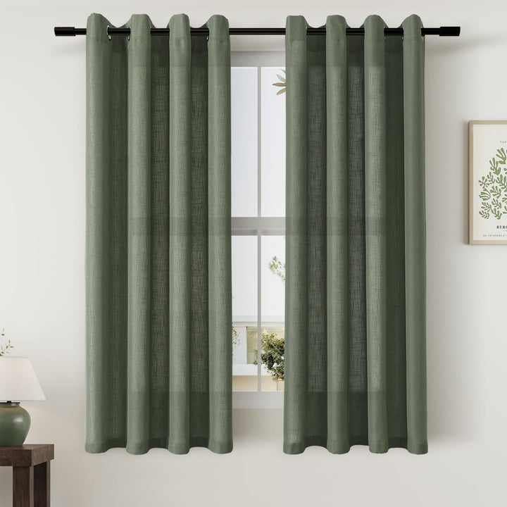 Grüne Leinen-Vorhänge, 137 cm Länge, 2 Paneele für Küche, Esszimmer, Ösen, Lichtfilterung, halbtrans