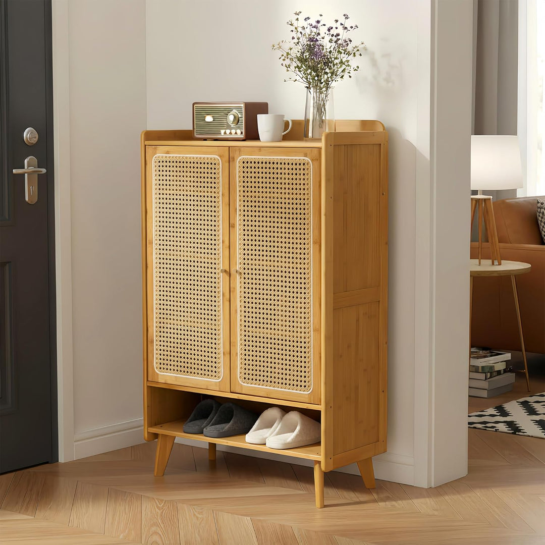 Schuhschrank Holz mit Korbgeflecht-Türen, Moderner Bambus Schuhschrank mit 5 Ebenen, Schuhregal mit