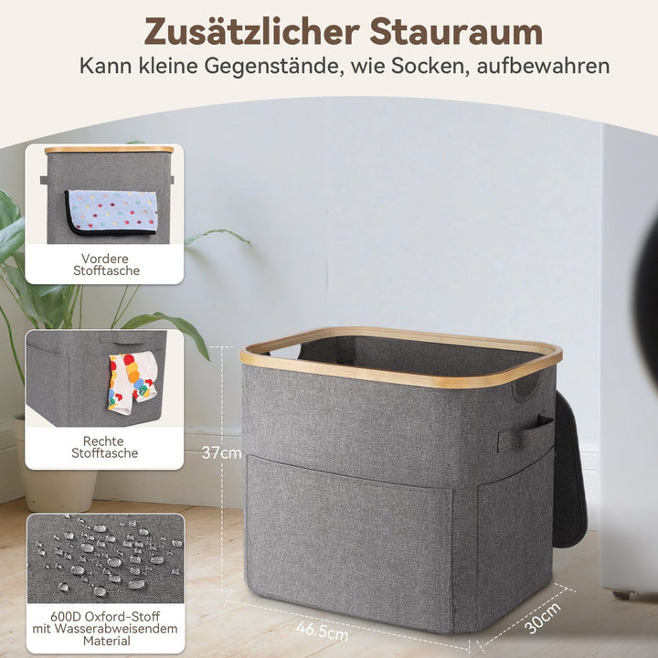 OUSFOT Wäschekorb Klein, 50 L Wäschekorb mit Deckel Faltbar, Grossen Vorderen Taschen und Einem Robu