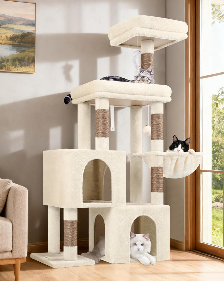 Globlazer Kratzbaum Beige mit 2 Katzenhaus, Grosse Gepolsterte Plattform, Sitzstangen, Katzenkorb, S