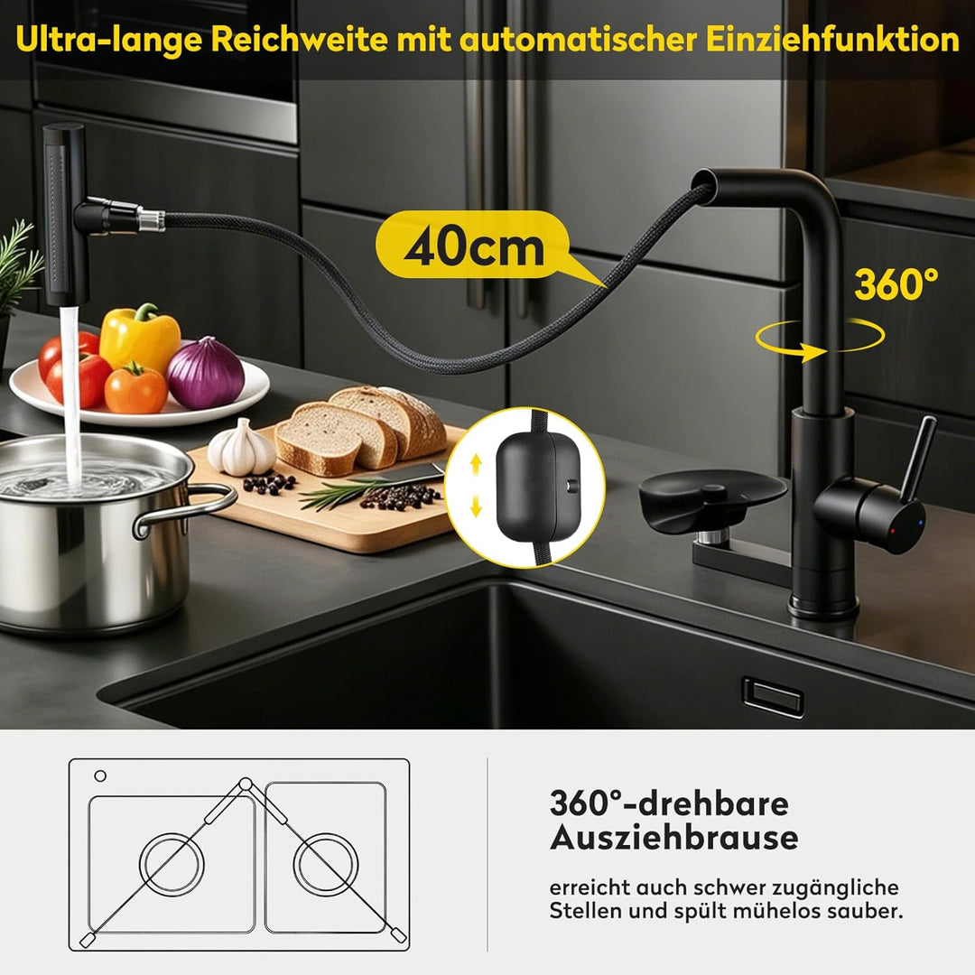 JONKEAN Hochdruck Küchenarmatur mit Brause, Armatur Küche mit Gläserspüler, 360° Drehbar Mischbatter