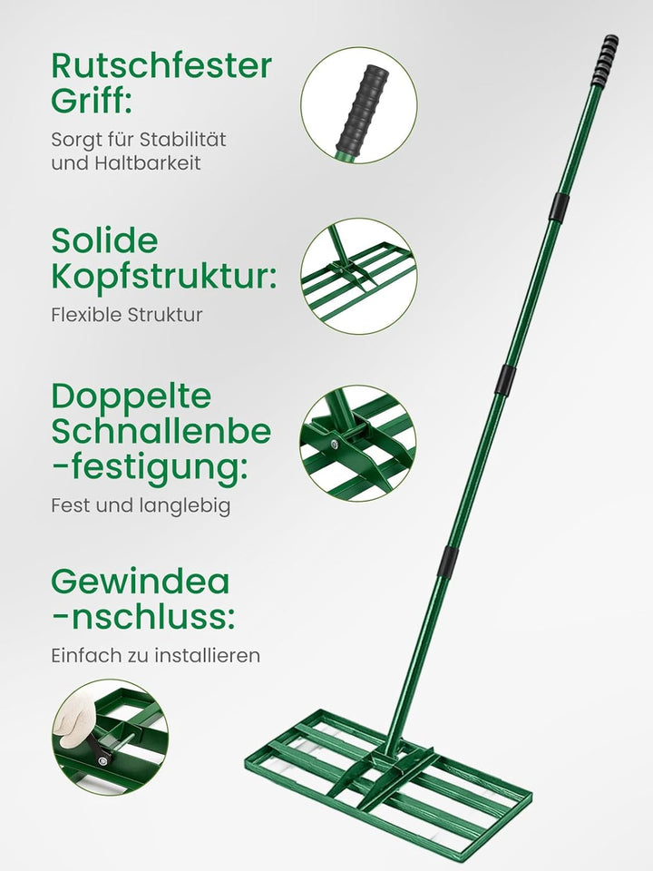 Lawn Levelling Rake 75 x 25 x 190cm, Rasenrechen Garden Grass Squeegee Sand Rakel Tool Scarifier wit