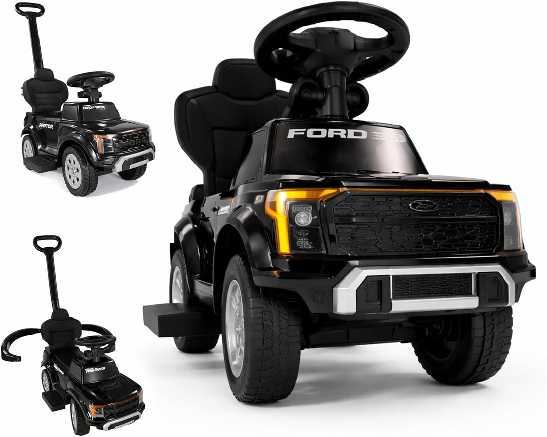 Lemodo Rutschauto Ford F-150 schwarz mit Schiebestange, Kinderfahrzeug aus Kunststoff mit Sound-Lenk