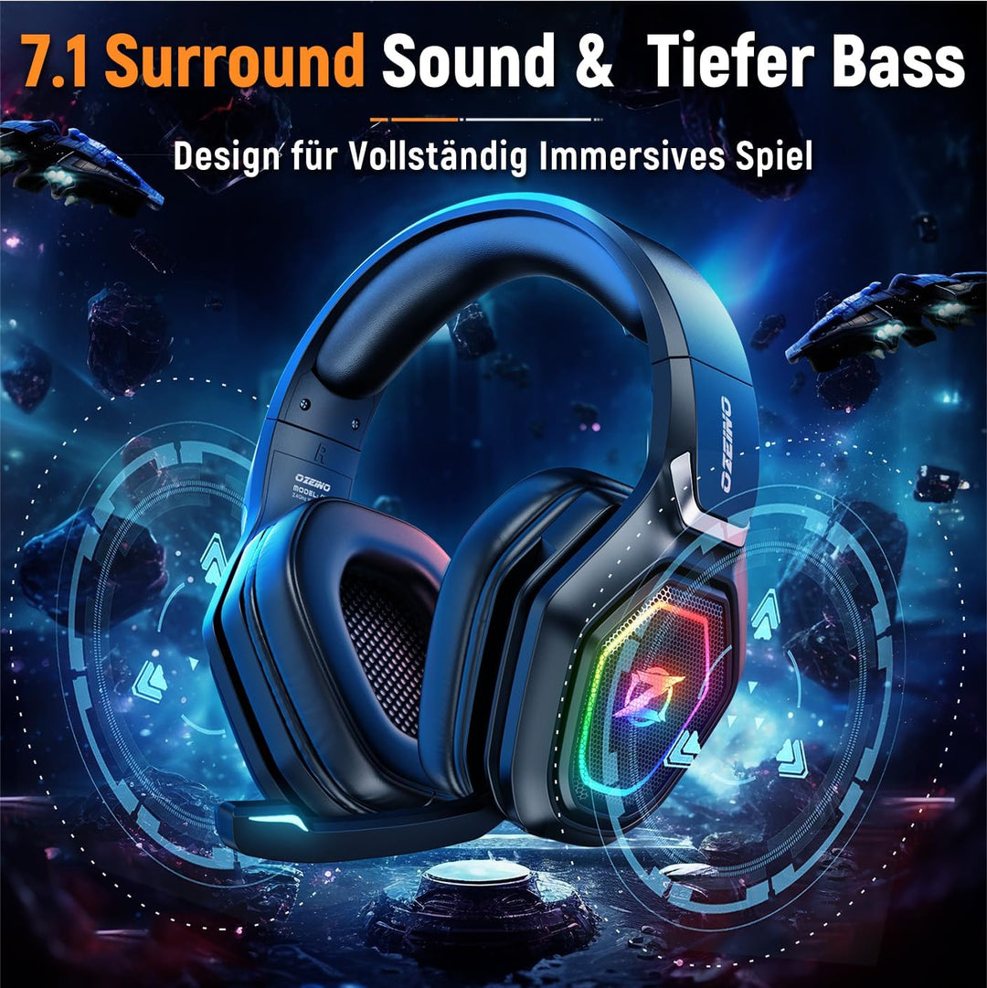 Ozeino Kabelloses Gaming-Headset mit Mikrofon, 2,4 G & Typ-C-Sender – 30 Stunden Akkulaufzeit – RGB-