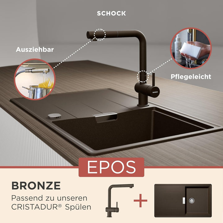 SCHOCK Küchenarmatur Epos Bronze – braune hochdruck Armatur mit ausziehbarer Schlauchbrause und Stan