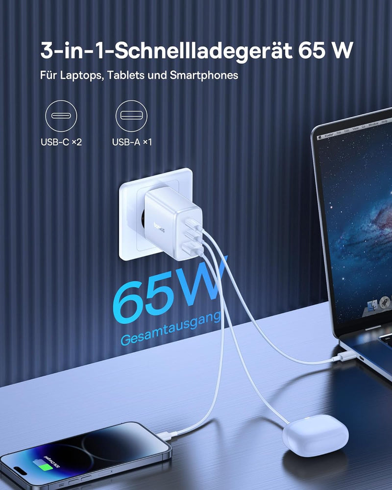 Baseus USB C Ladegerät, 65W USB C Netzteil 3-Port PD Ladegerät mit PPS, GaN Schnellladegerät kompati