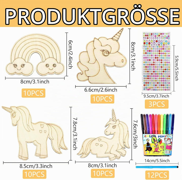 Einhorn Holz Bastelset 40 Stück Einhorn Holz Kindergeburtstag mit 12 Aquarellstiften + 3 Glitzeraufk