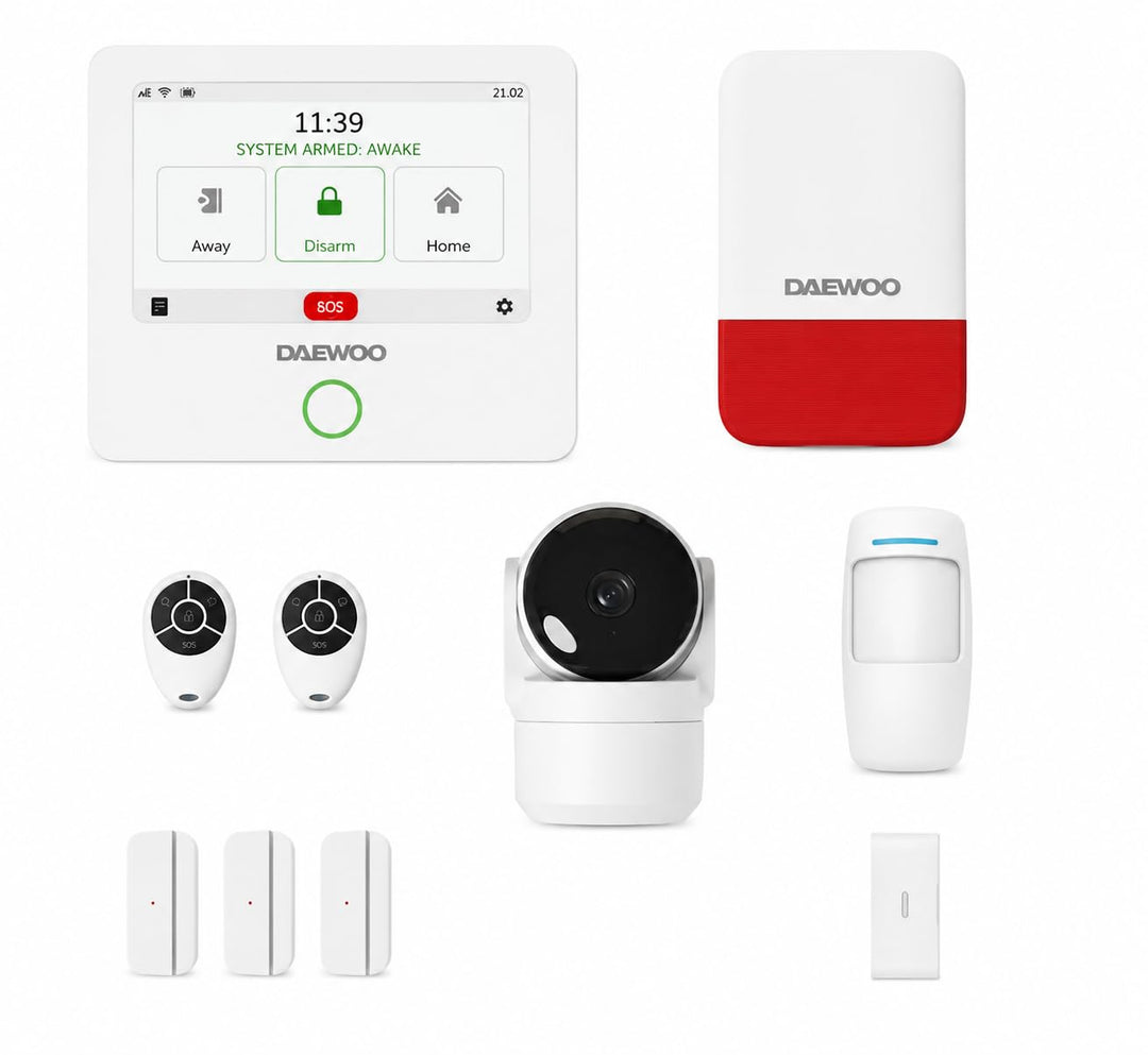 Daewoo Alarm-Set AM310, Zentrale mit Touchscreen, Bewegungsmelder für Tiere, Türkontakte, Vibration,