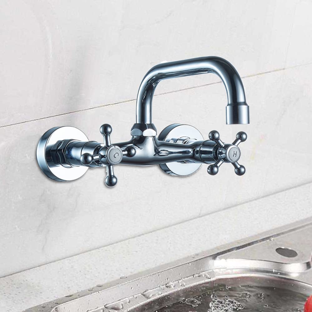 Wasserhahn Wandmontage Messing Zweigriff Nostalgie 180° Drehregler Waschtisch Armatur Kalt und Heiss