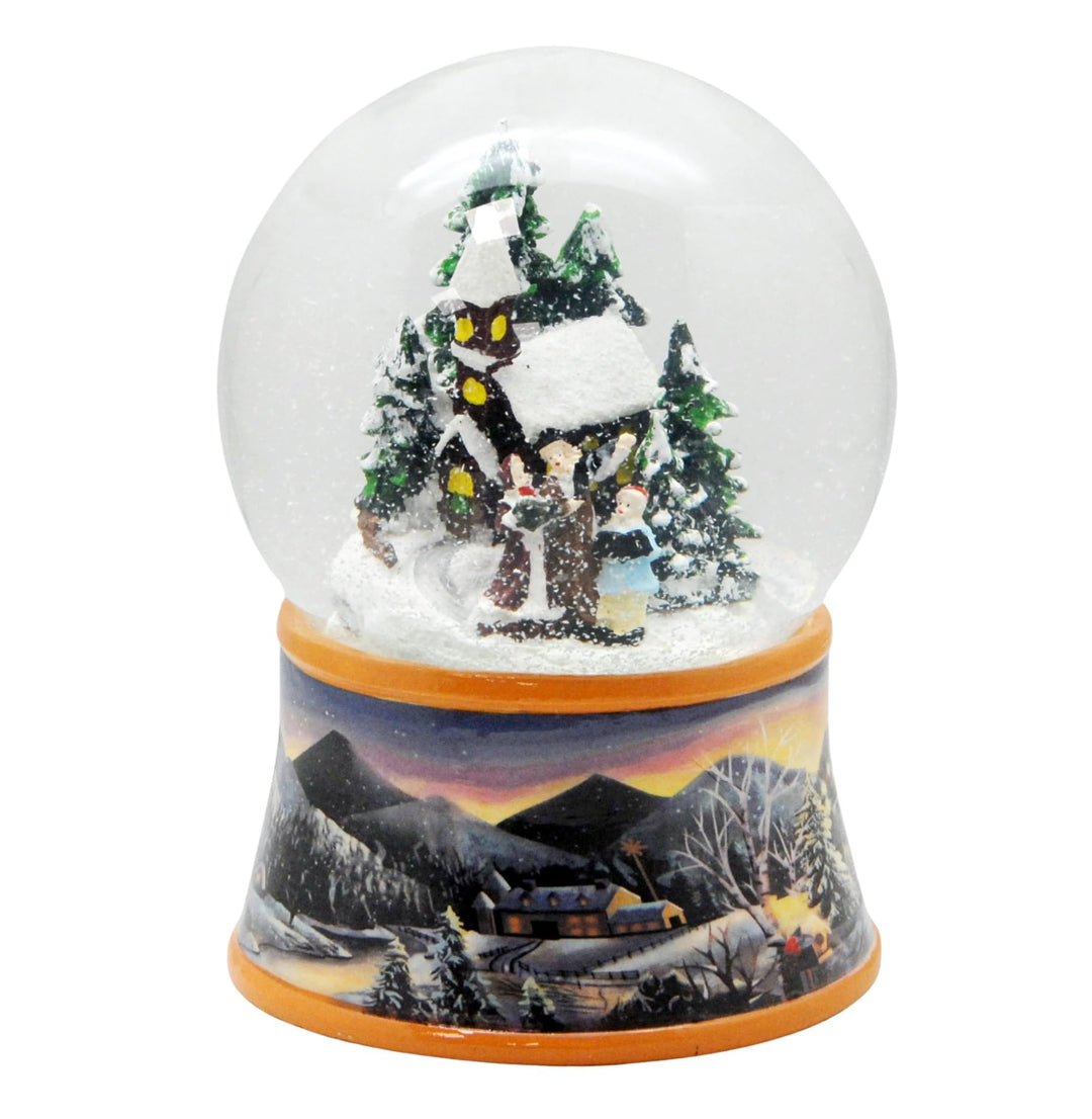 Schneekugel Weihnachtsspaziergang | Sockel nostalgische Winterlandschaft Ocker | mit Spieluhr | Schü
