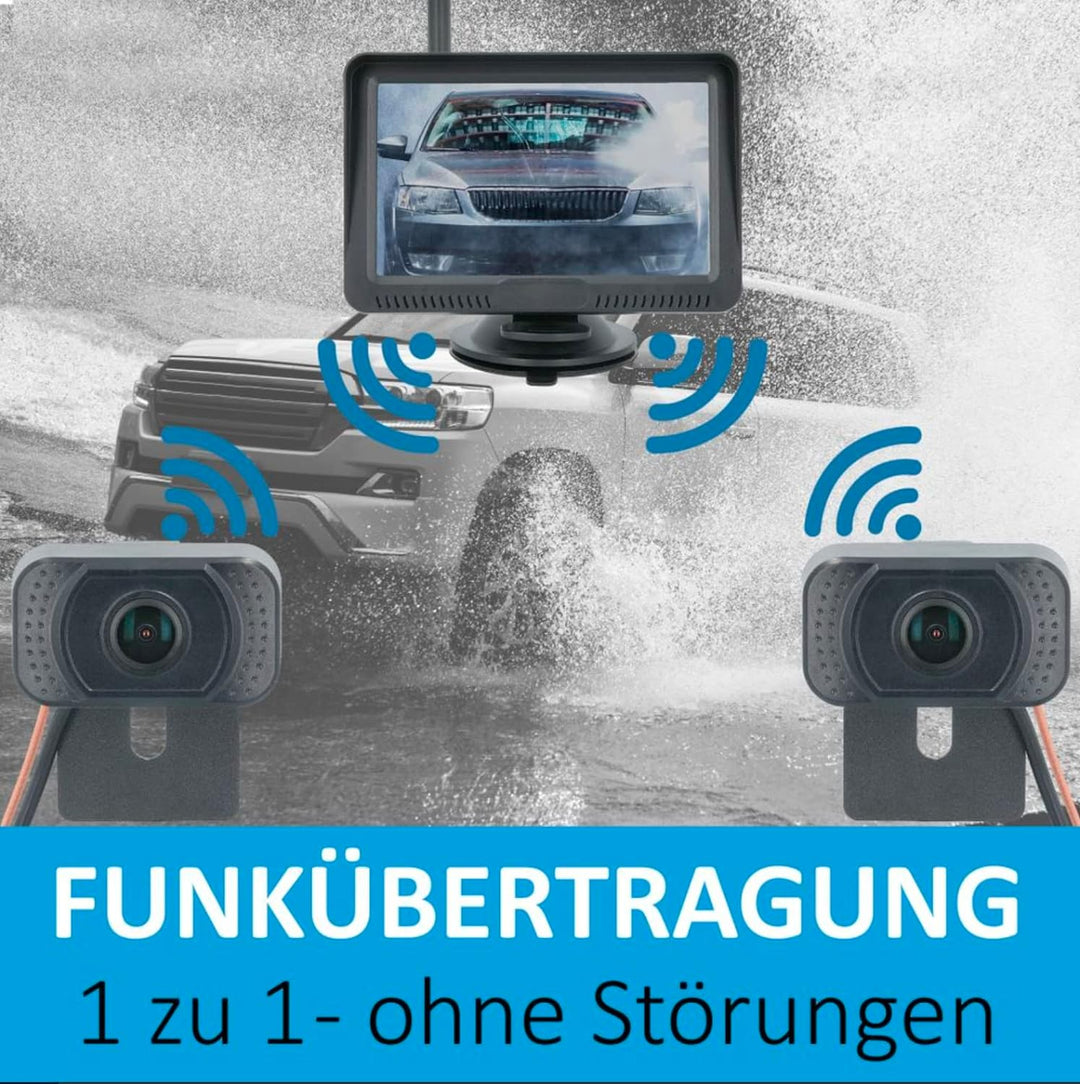 VSG24 5“ HD Set 2 Kameras Funk Rückfahrsystem Premium ONE für PKW, KFZ Set kabellos inkl. Rückfahrka