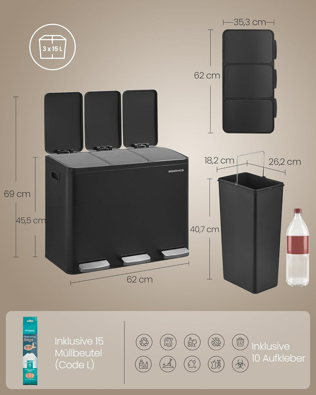 SONGMICS Mülleimer Küche, 3 x 15 L, Mülltrennsystem 3 Fächer, Abfalleimer mit 15 Müllbeuteln, Tretmü