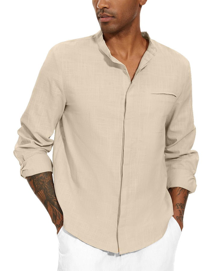 YAOBAOLE Leinenhemd für Herren, Casual, Sommerhemd, leicht, lange Ärmel, Knöpfe, Mao-Kragen, Strand,