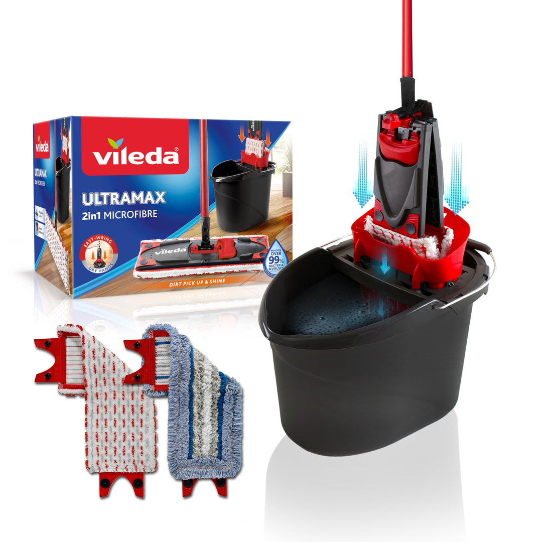 Vileda Ultramax Bodenwischer Komplett Set mit 2 Mikrofaserbezügen, 2in1 für alle Hartböden + Tiles C