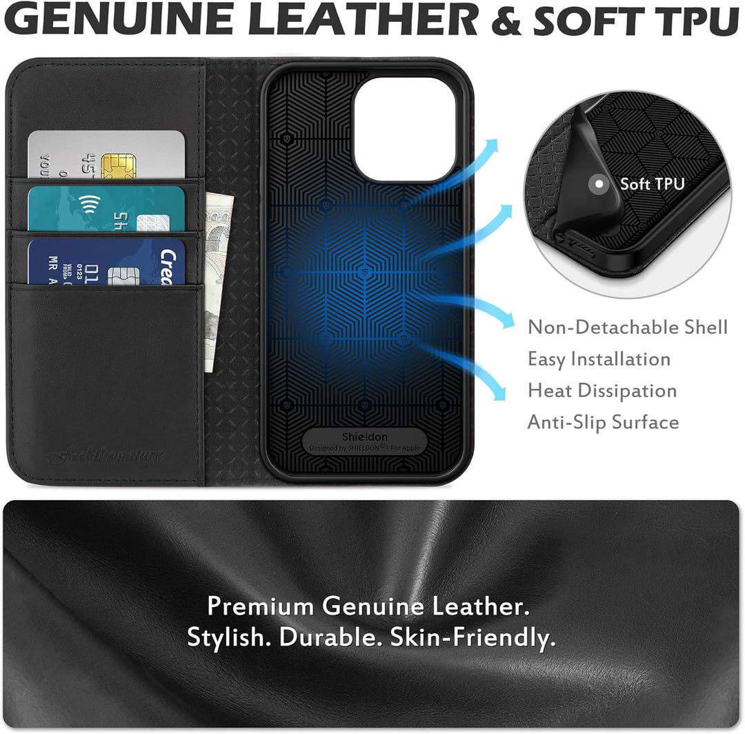 SHIELDON Hülle für iPhone 14 Pro Max Handyhülle TPU [Echtleder] [Kartenfach] [Magnet] Standfunktion