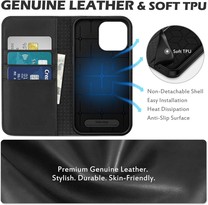 SHIELDON Hülle für iPhone 14 Pro Max Handyhülle TPU [Echtleder] [Kartenfach] [Magnet] Standfunktion