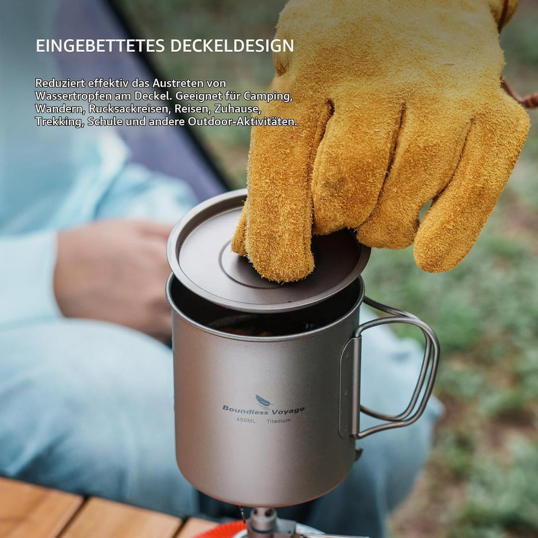 iBasingo 600ml Camping Becher Outdoor Tasse Titan Trinkbecher Mug mit Deckel &amp; Klappgriff Ultraleich