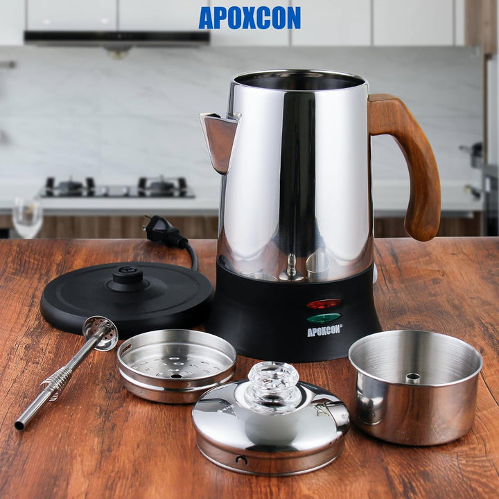 APOXCON Edelstahl18/8 (SS304) -Kaffeekanne (6 Tassen) – mit Sichtglas, Warmhaltefunktion & kordlosem
