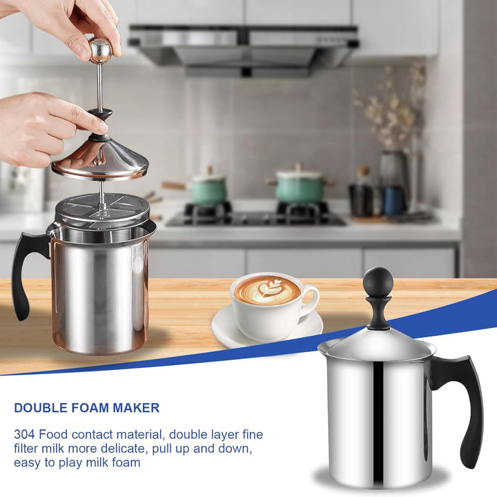 Milchaufschäumer Manuell, 800ml Edelstahl Handmilchaufschäumer, Manueller Schäumer mit Kaffee-Ziehdo