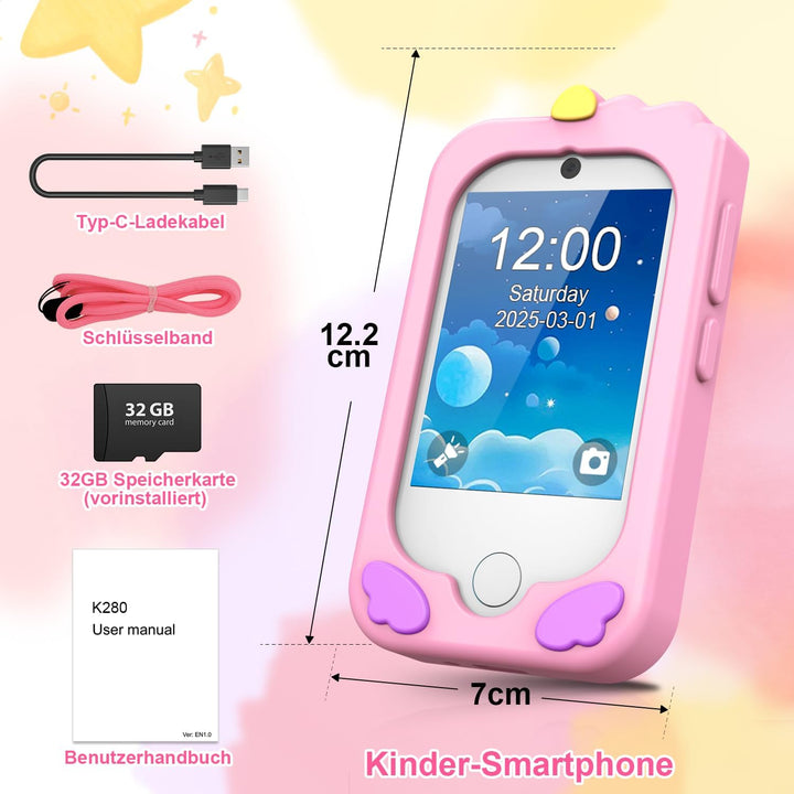 CHAKEYAKE Kinderkamera,Kinder Handy Smartphone Lernspielzeug,Kinder Kamera mit Dual Kamera 2.8" Touc