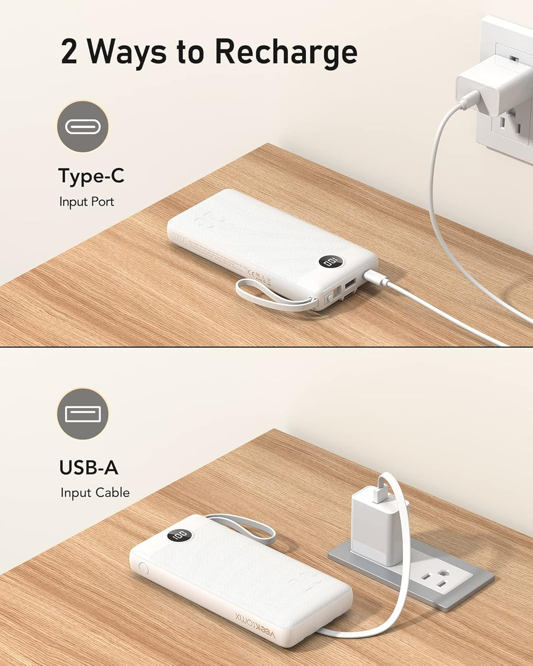 VEEKTOMX Powerbank 20000mAh Power Bank mit Kabel Powerbank USB C Tragbares Ladegerät 5 Ausgängen LED