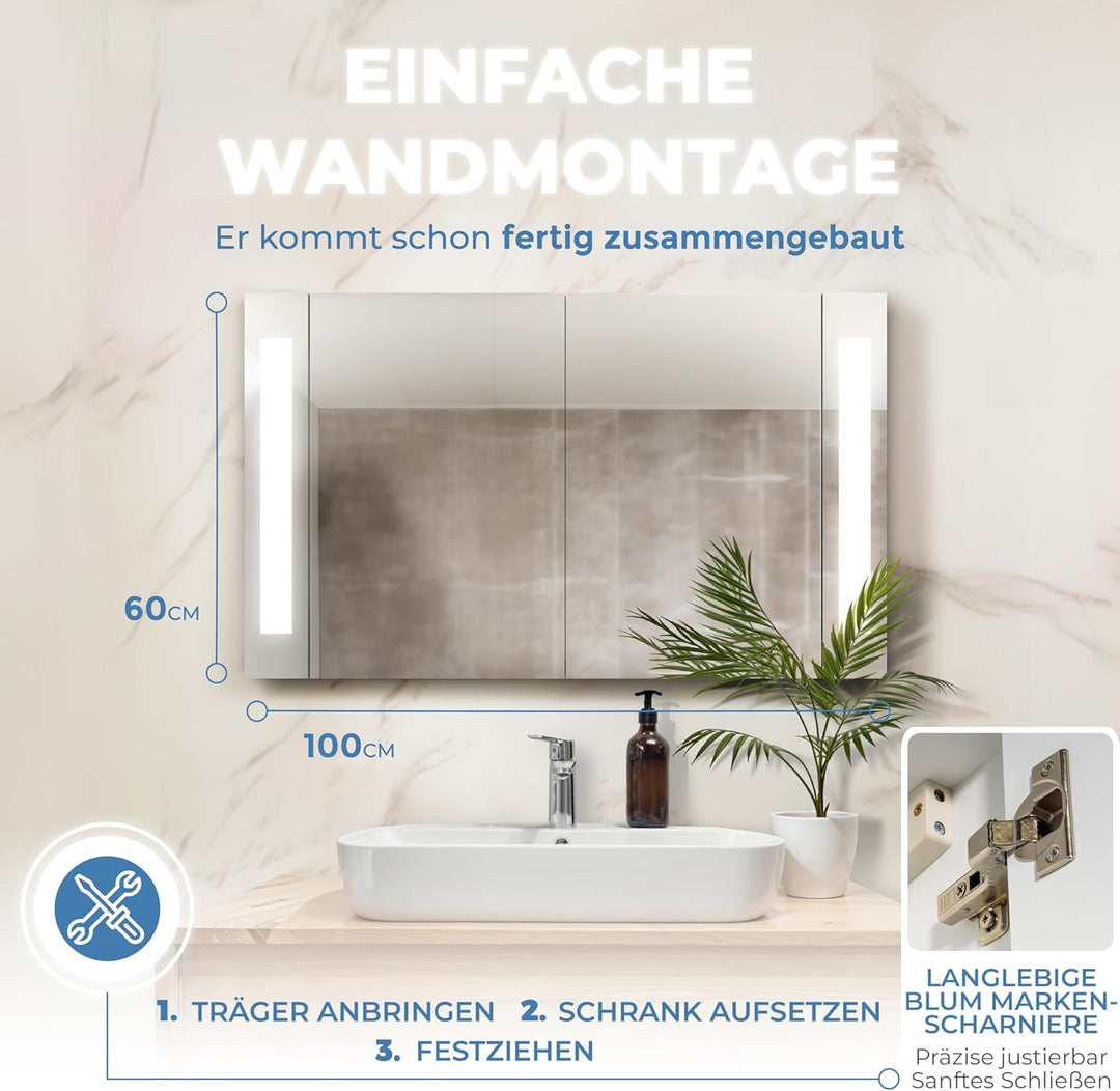 HAPA Design Bad Spiegelschrank mit Beleuchtung und Steckdose Venedig. Austauschbare LED Beleuchtung