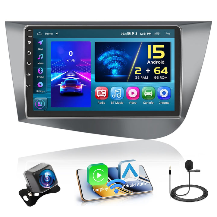 Hikity 2GB+64GB Android 15 Autoradio für Seat Leon 2005-2012(Left-Hand Drive) Radio Wireless CarPlay