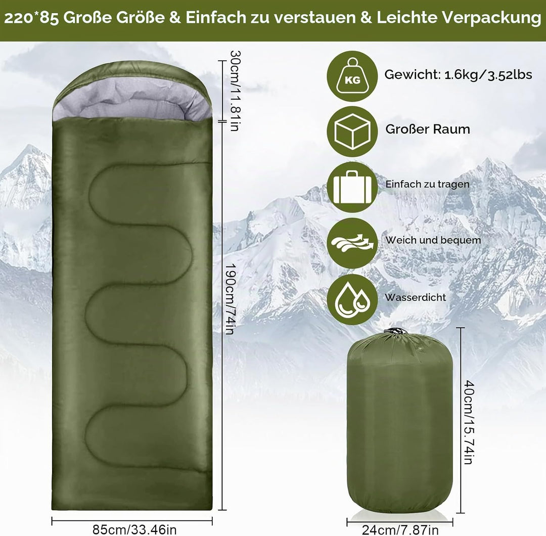 Grüner 220x85cm Wasserdichter Schlafsack mit Kompressionsbeutel, 3 Jahreszeiten Schlafsack 1.6kg, Tr