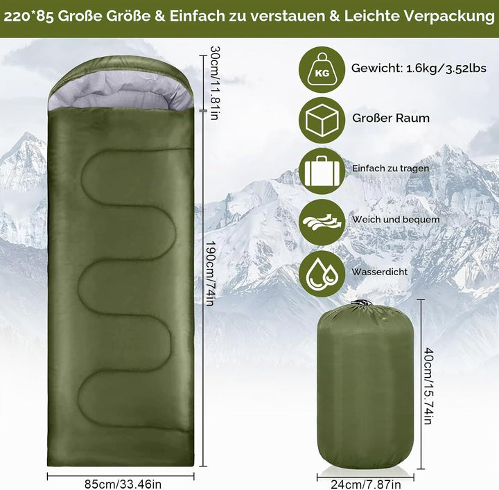 Grüner 220x85cm Wasserdichter Schlafsack mit Kompressionsbeutel, 3 Jahreszeiten Schlafsack 1.6kg, Tr