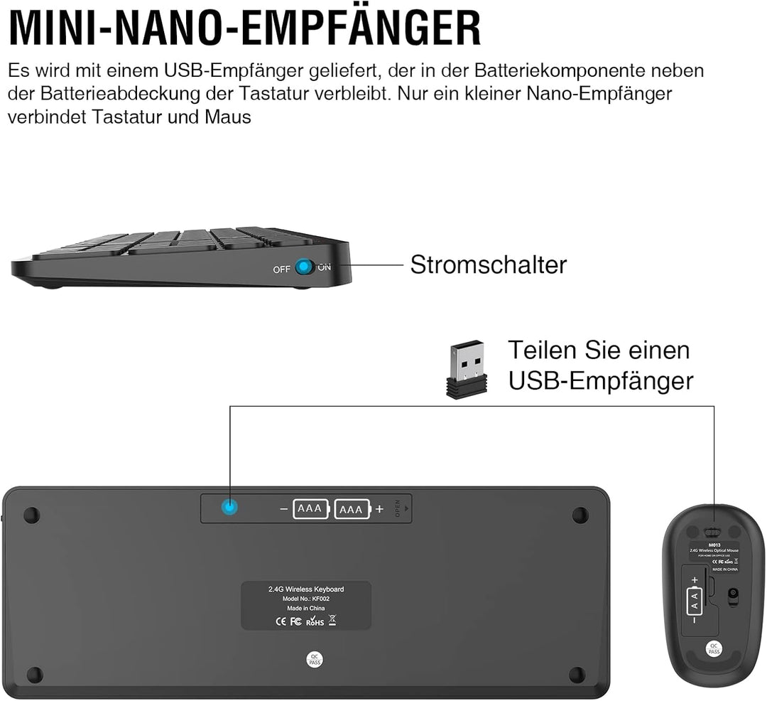cimetech Tastatur Maus Set Kabellos, 2.4G Ultraslim Kabellose Tastatur mit Funkmaus, QWERTZ Deutsche