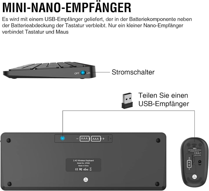 cimetech Tastatur Maus Set Kabellos, 2.4G Ultraslim Kabellose Tastatur mit Funkmaus, QWERTZ Deutsche