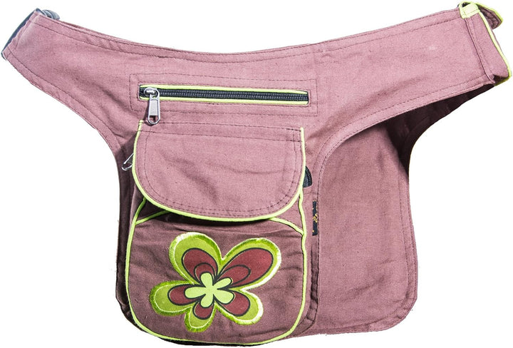 KUNST UND MAGIE Doppel Bauchtasche Sidebag Gürteltasche Festivaltasche, Farbe:Braun/Lemon, Braun/Lem