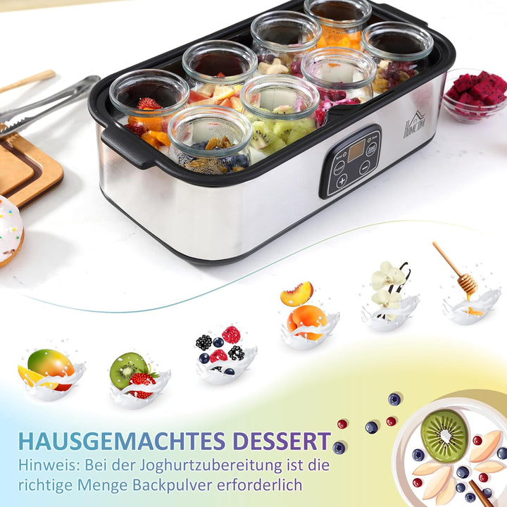 HOMCOM Joghurtbereiter 25W Joghurtmaschine mit LCD-Display 8 Joghurtgläser mit Deckel aus Glas 180ml