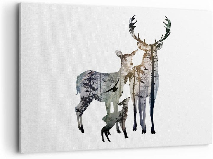 Bilder auf Leinwand 100x70cm Leinwandbild Deer Familie Wildheit Illustration Gross Wanddeko Bild Sch