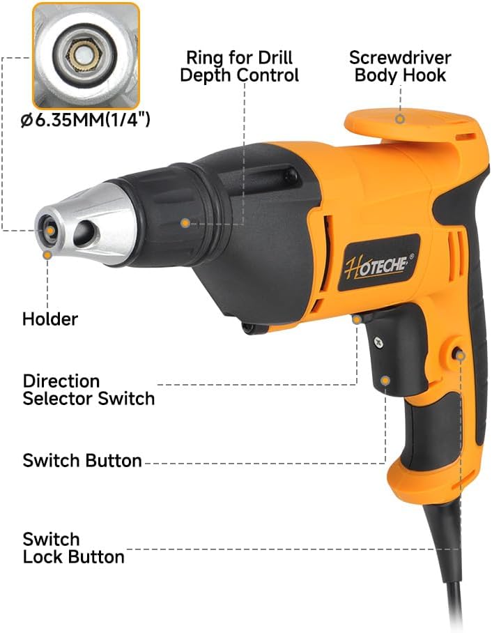 Hoteche 520W Trockenbauschrauber - Drywall Screwdriver 230V 50HZ, 520W Leistung, 0-4500 U/MIN, 6MM S