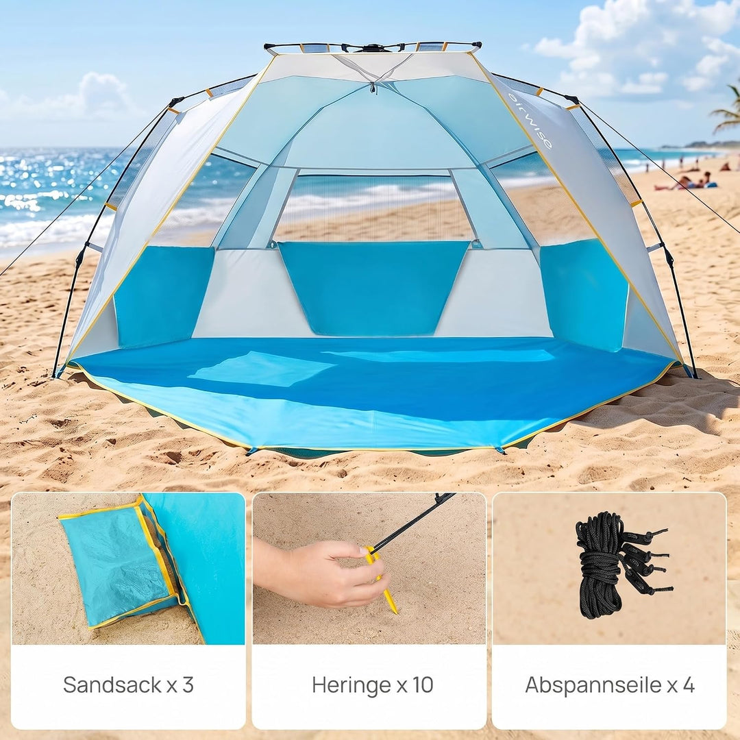 Wolfwise Strandmuschel mit Schnellaufbau für 6-7 Personen – UV-Schutz 50+, Wasserabweisend, Privater