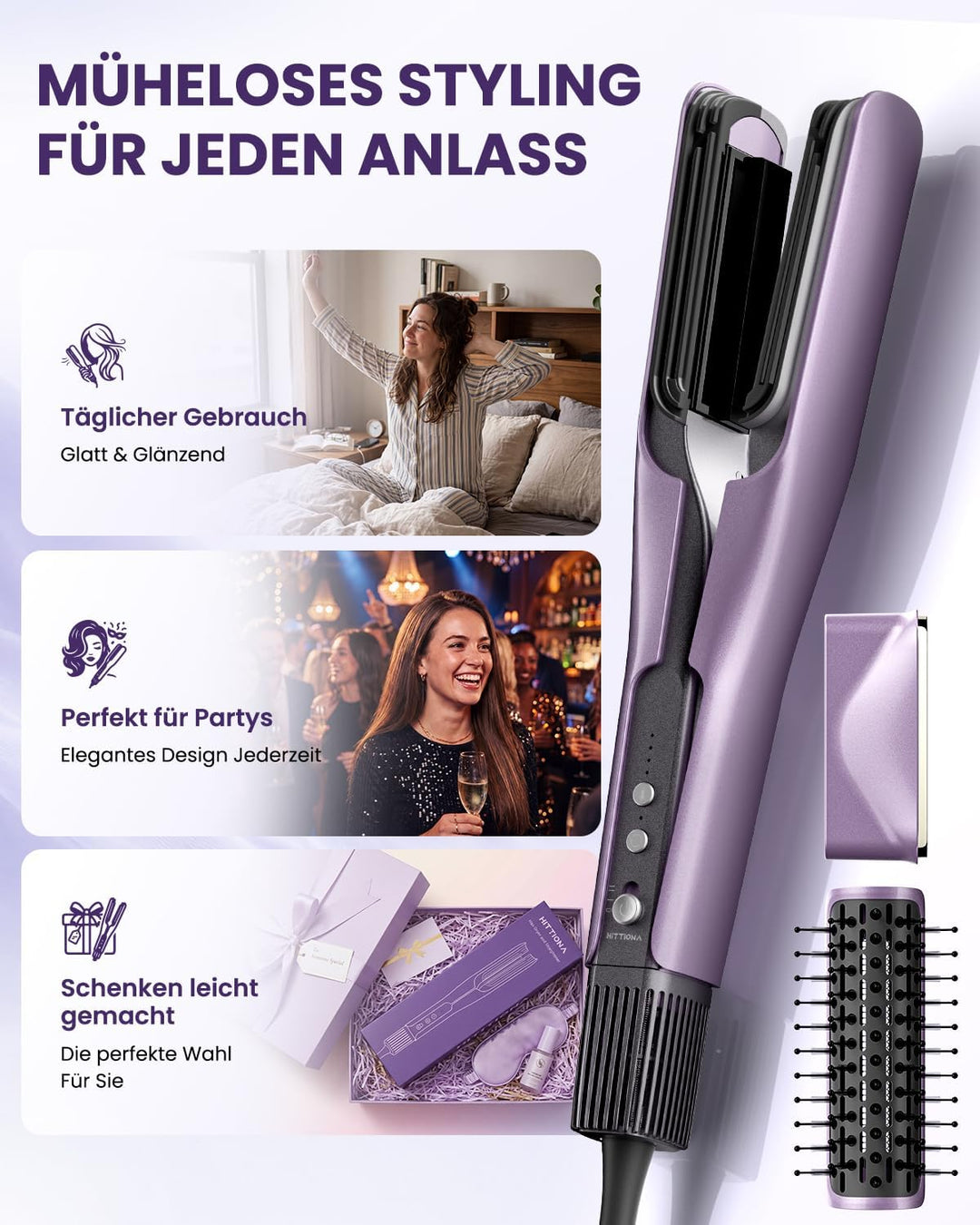 HITTIONA Air Haarglätter Föhn 3 in 1 - Nass-zu-Trocken Glätteisen mit Föhndüse &amp; Volumenbürste, Troc