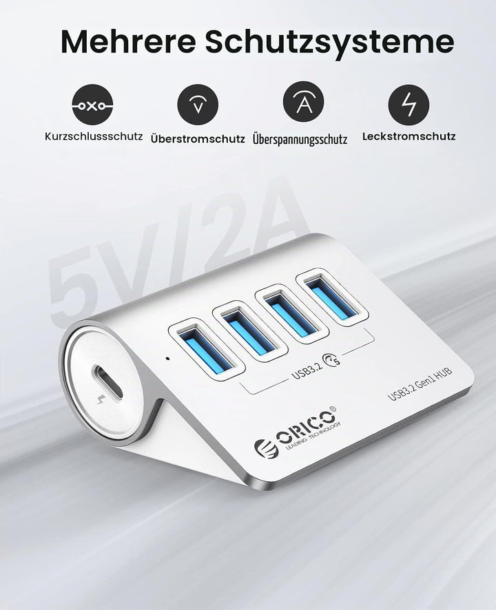 USB C Hub, ORICO USB C 3.2 GEN 1 Hub 5Gbps, 4-Port Aluminium USB Verteiler mit 0.5M USB C Kabel, USB