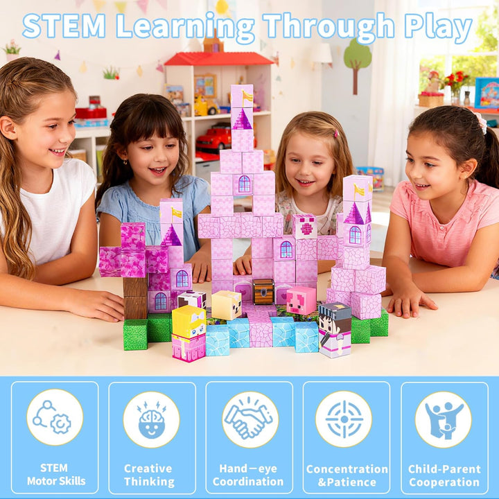MEESHEEP Magnetische Bausteine Pink Schloss, Baue Genau Die Abgebildeten Modelle | STEM Montessori-S