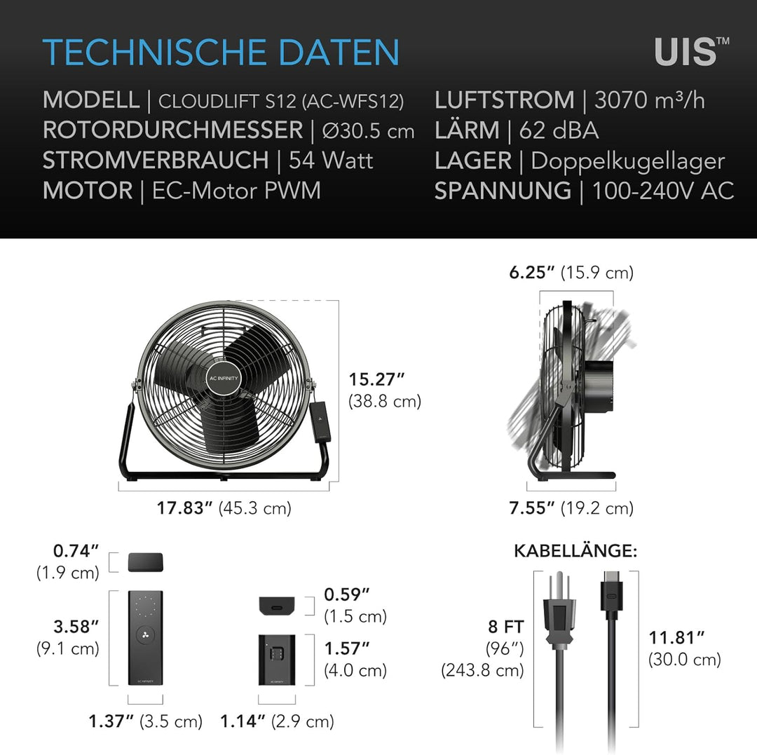 AC Infinity CLOUDLIFT S12 – Industrieller Wandventilator 300 mm mit kabellosem 10-Stufen-Drehzahlreg