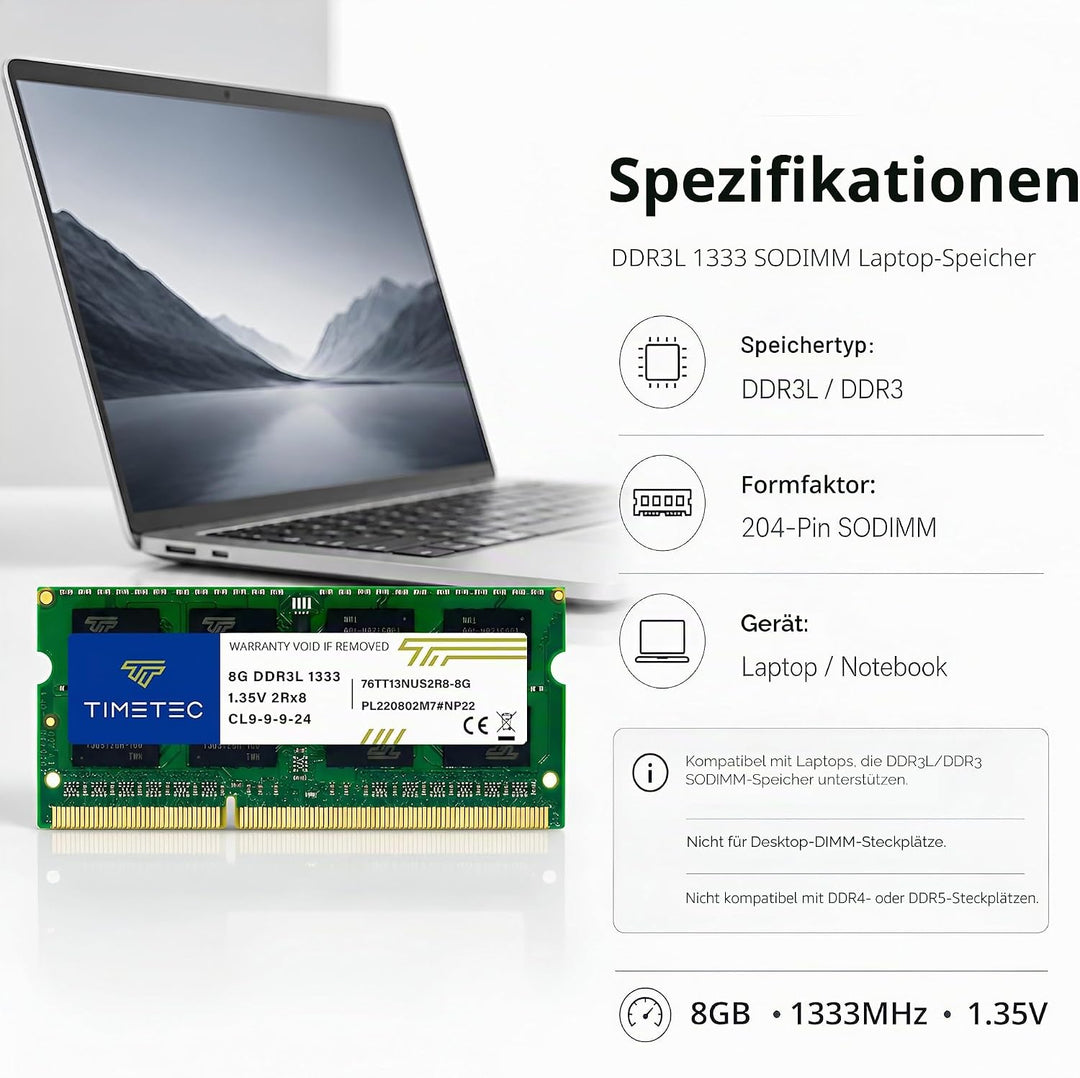 Timetec 32GB KIT(4x8GB) DDR3 / DDR3L 1333 MHz PC3-10600 Non-ECC Ungepuffert 1,5 V / 1,35 V CL9 2Rx8