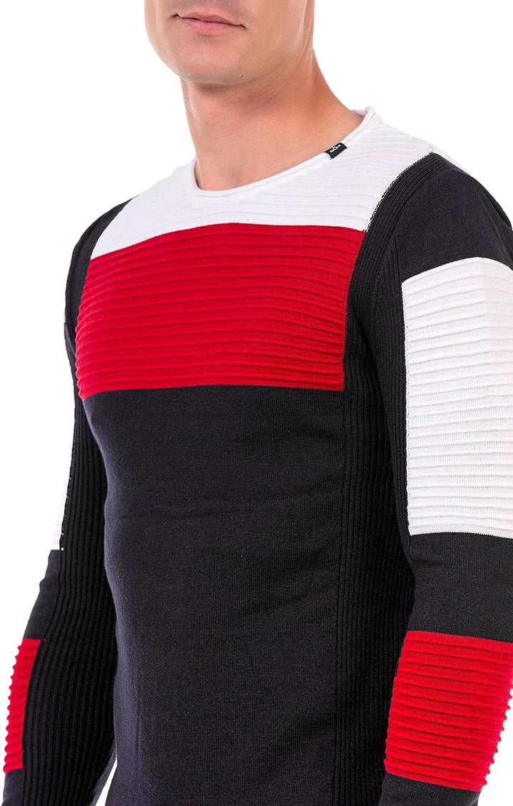 Cipo & Baxx Herren Strick Pullover Sweater Gerippt Pulli CP247 Dunkelblau-Rot XL