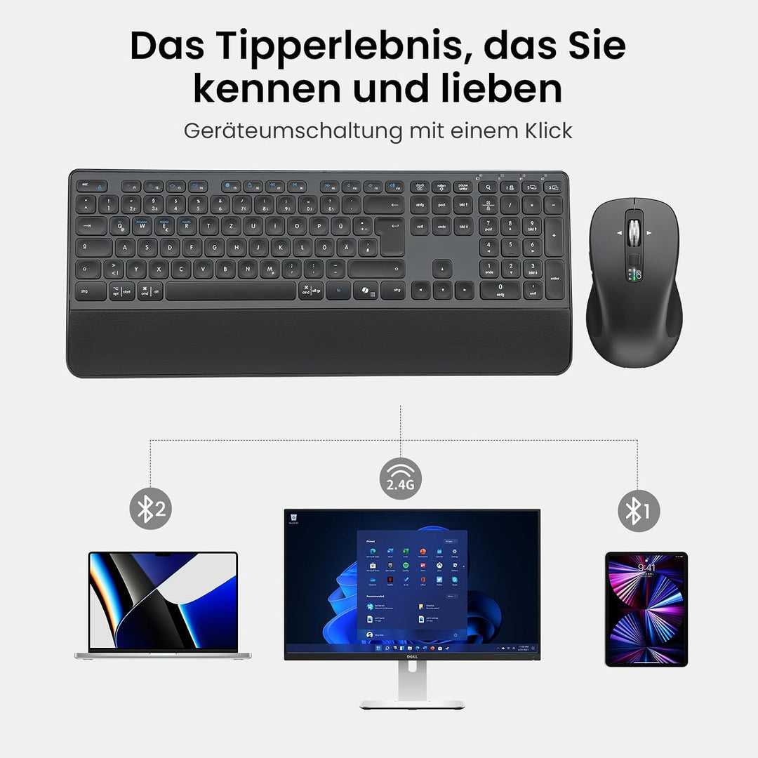 CITLLA M9127 Kabellose Tastatur und Maus mit Handballenauflage, Full-Size Multi Geräte-Tastatur Maus