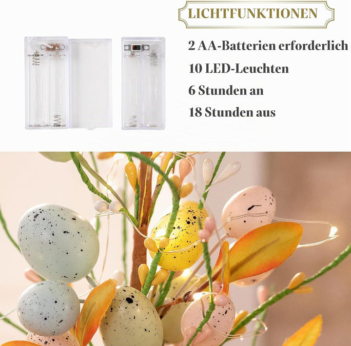 VALERY MADELYN 38cm Ostereierbaum mit Licht, Bunte Eier Zweig Baum Dekorationen mit LED Lichtern und