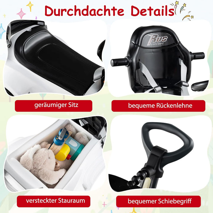 DREAMADE Kinder Rutschauto, 3 in 1 Schiebeauto mit abnehmbarem Verdeck, Sicherheitsgurt & Stauraum,