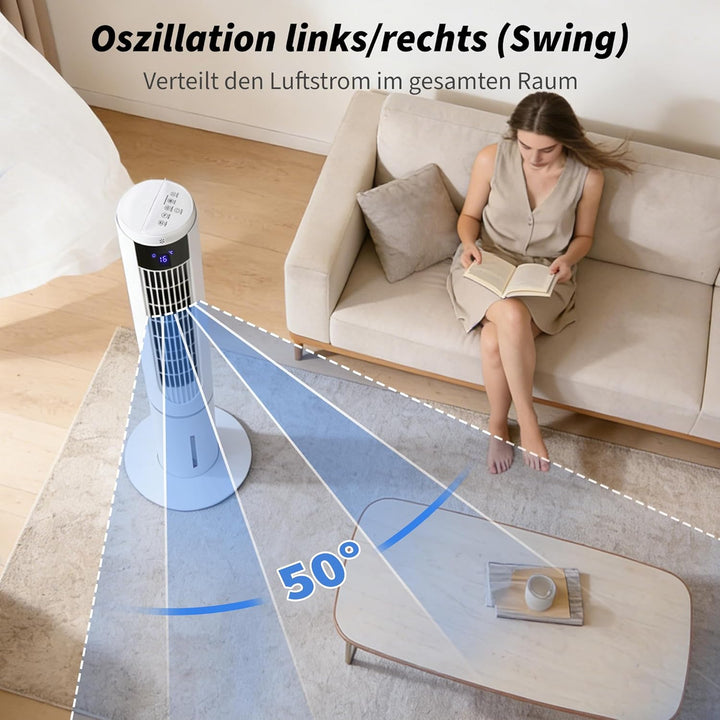 Citybee Turmventilator mit kühlung - Tower Fan leise - 3 Geschwindigstufen 3 Modi - 12 H Timer - 50°